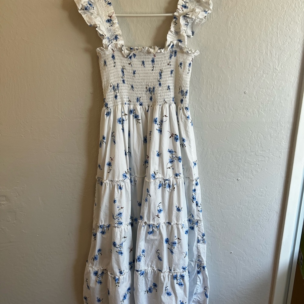 Quince White and Blue Floral Smocked Dress